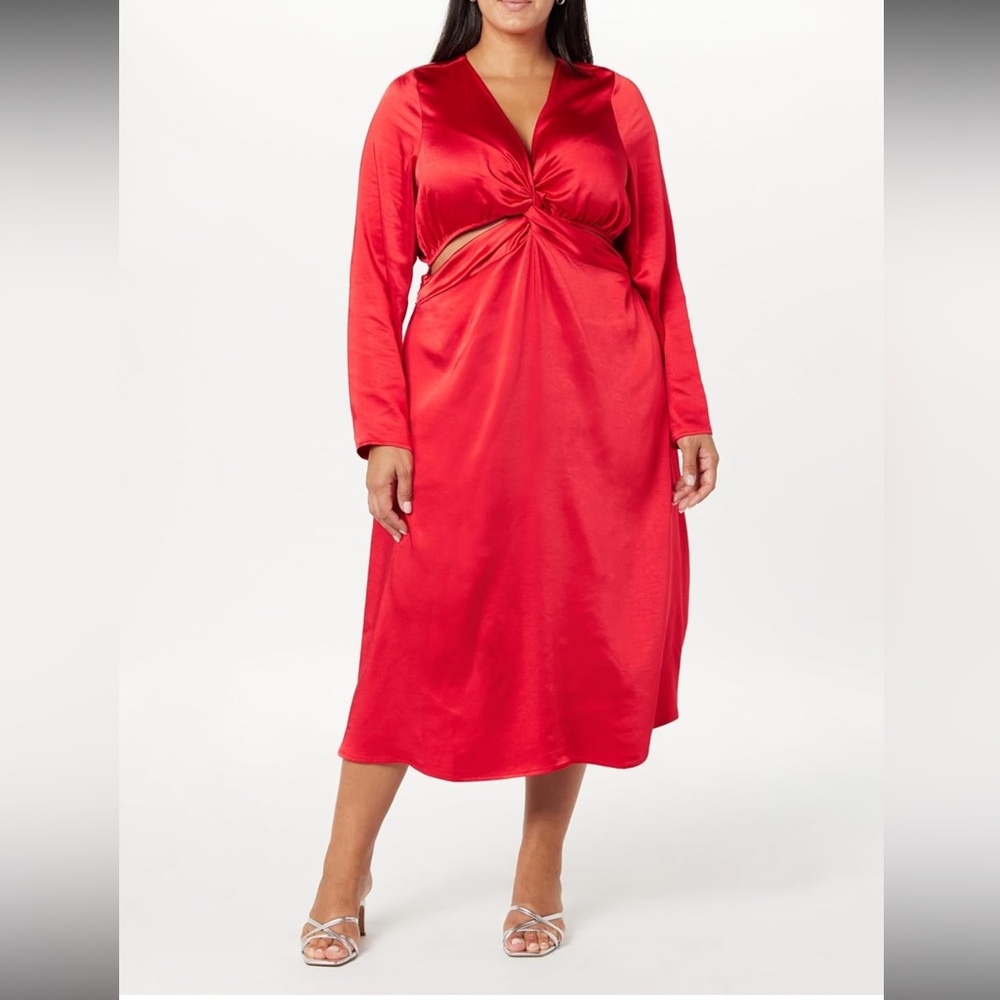 The Drop Women's Violeta Cut-Out Silky Maxi Elegant Red Satin